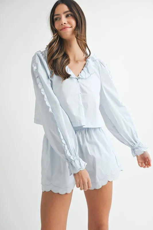 Hazel Blues® | MABLE Long Sleeve Scallop Blouse and Shorts Set
