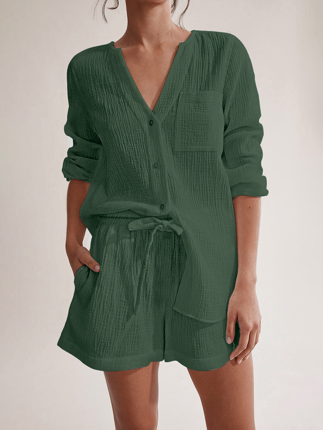 Hazel Blues® | Notched Long Sleeve Top and Shorts Set