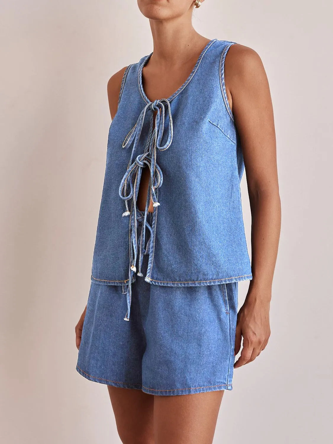 Hazel Blues® | Tie Front Vest and Shorts Denim Set