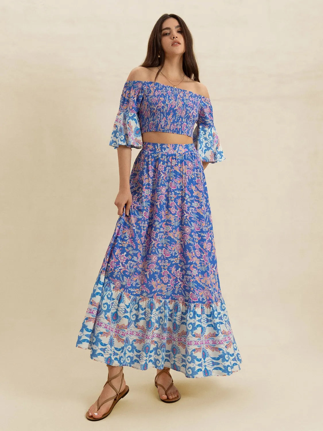 Hazel Blues® | Smocked Off-Shoulder Printed Top and Skirt Set