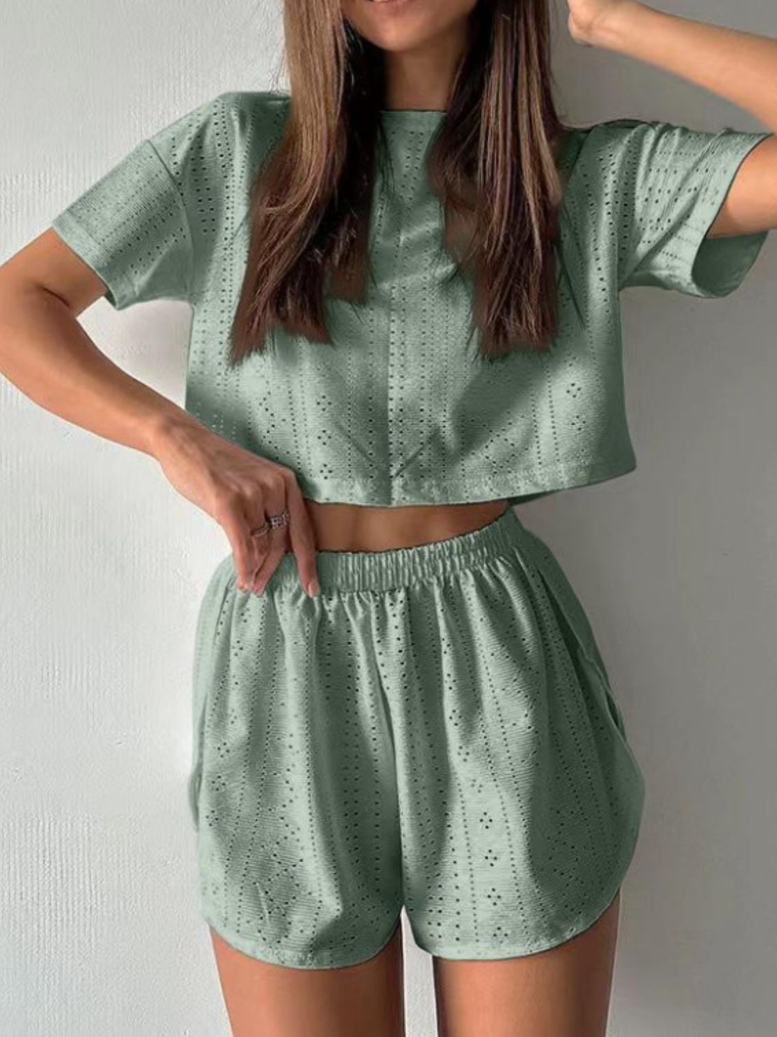 Hazel Blues® | Eyelet Round Neck Top and Shorts Set