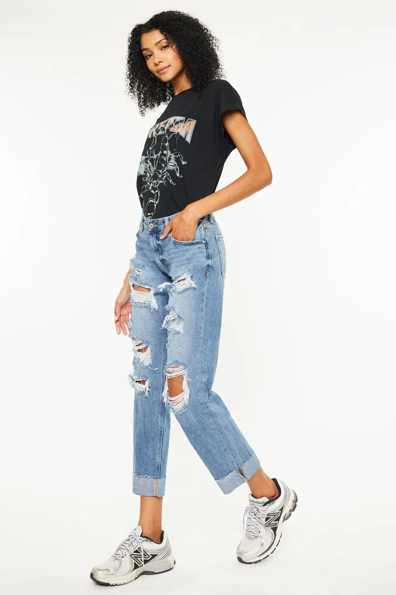 Hazel Blues® | Kancan Mid Rise Distressed Boyfriend Fit Jeans