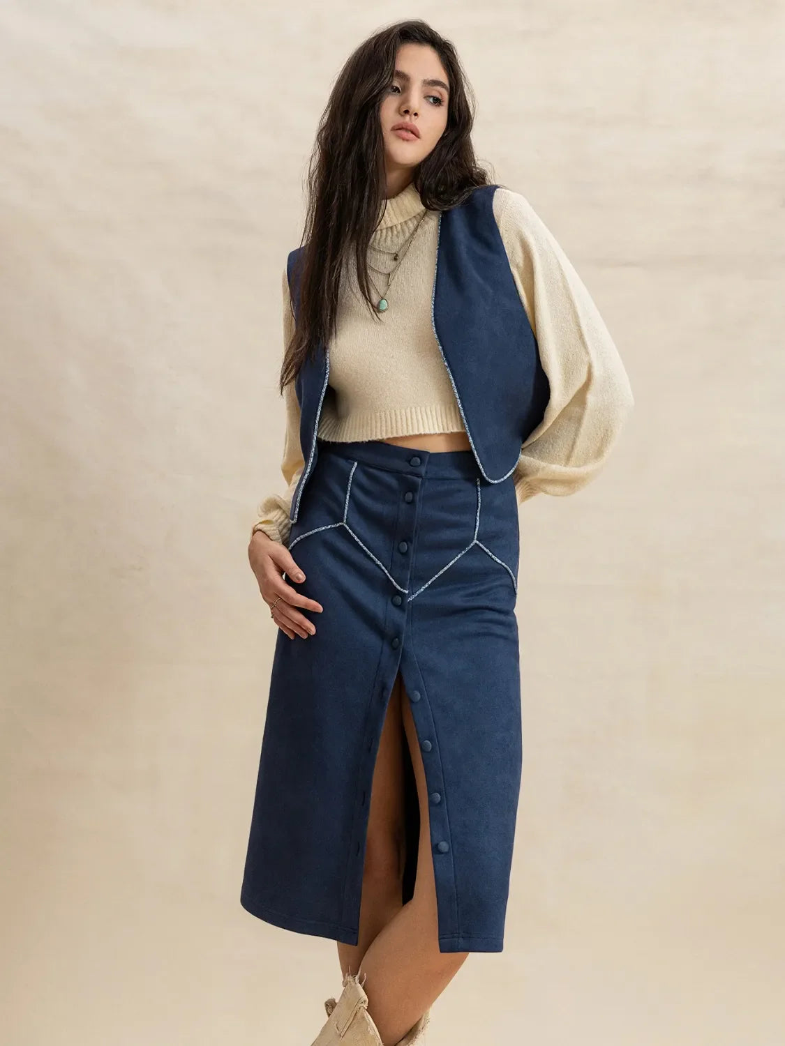 Hazel Blues® | Open Front Vest and Buttoned Skirt Set