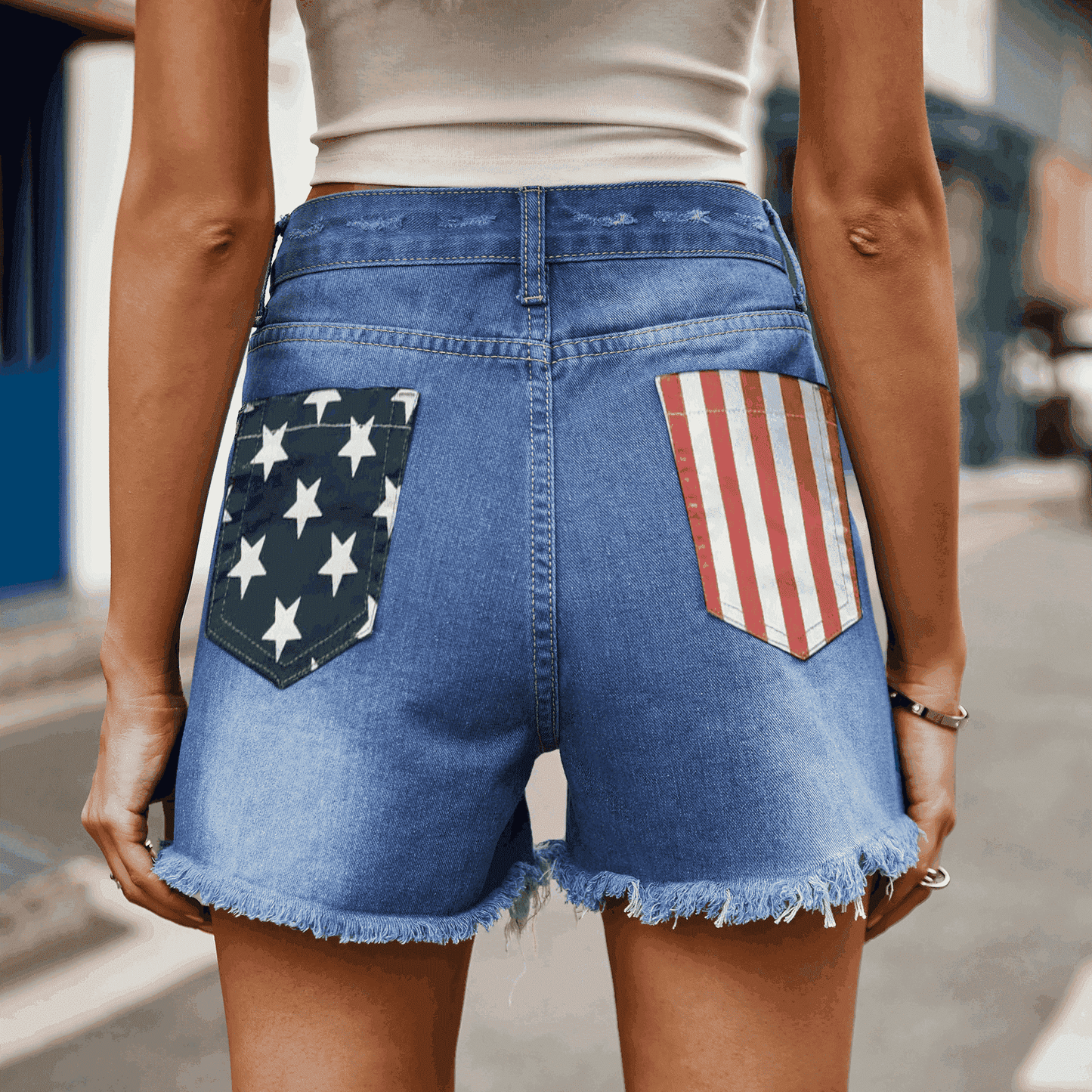 Hazel Blues® | US Flag Distressed Denim Shorts