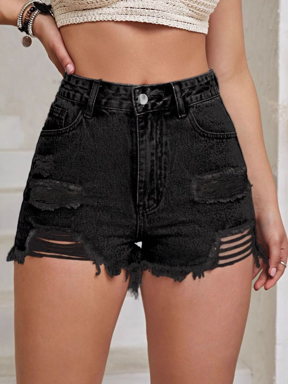 Hazel Blues® | Distressed Raw Hem High Waist Denim Shorts