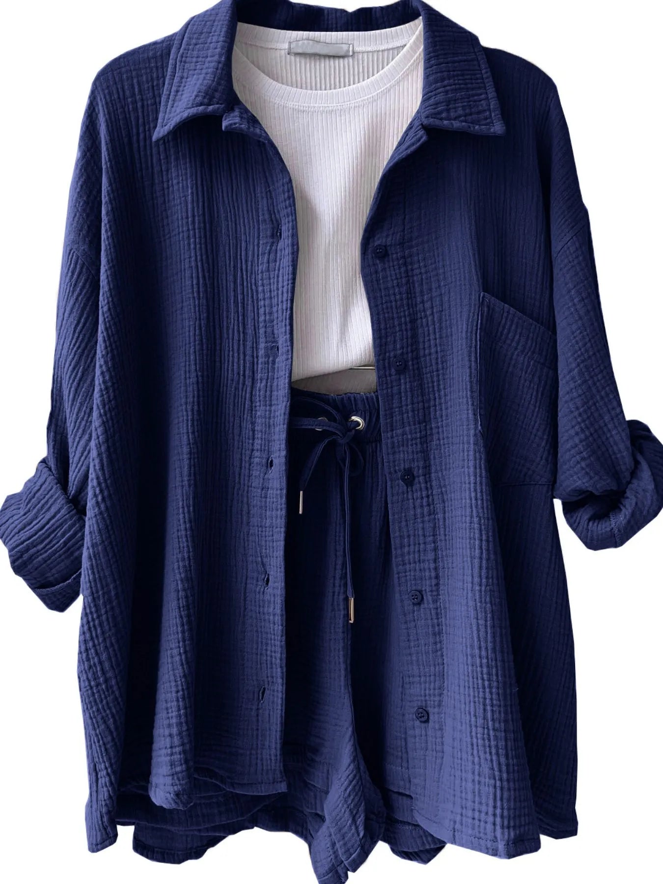 Hazel Blues® | Textured Button Up Shirt and Shorts Set