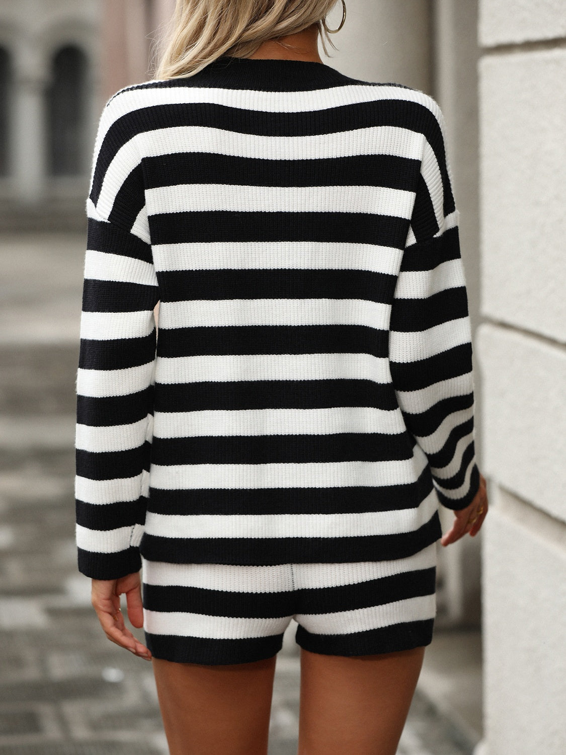 Hazel Blues® | Striped Round Neck Top and Shorts Sweater Set