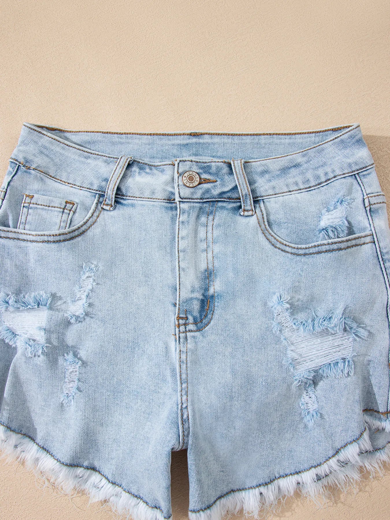Hazel Blues® | High Rise Distressed Raw Hem Denim Shorts