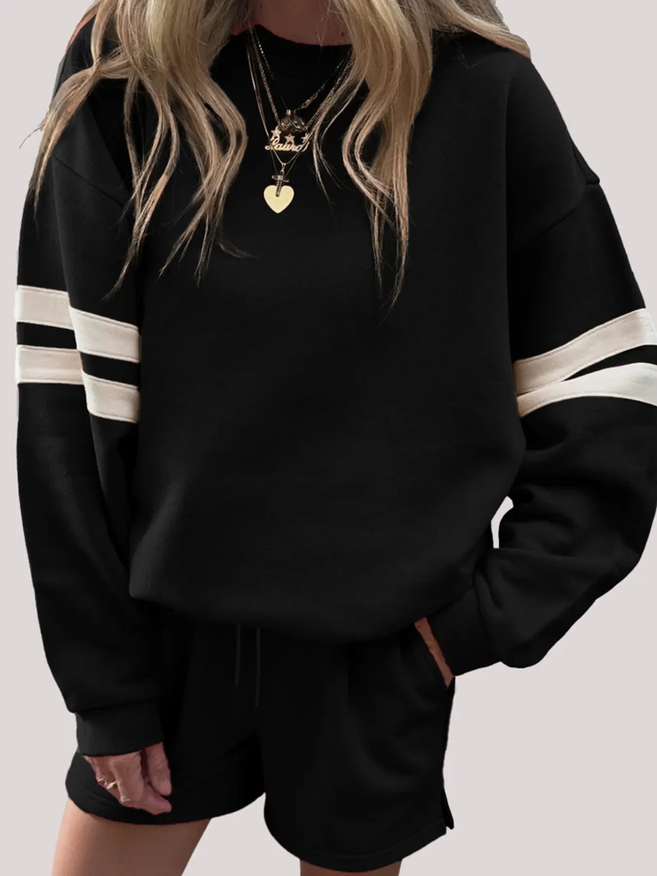 Hazel Blues® | Stripe Round Neck Sweatshirt and Shorts Set