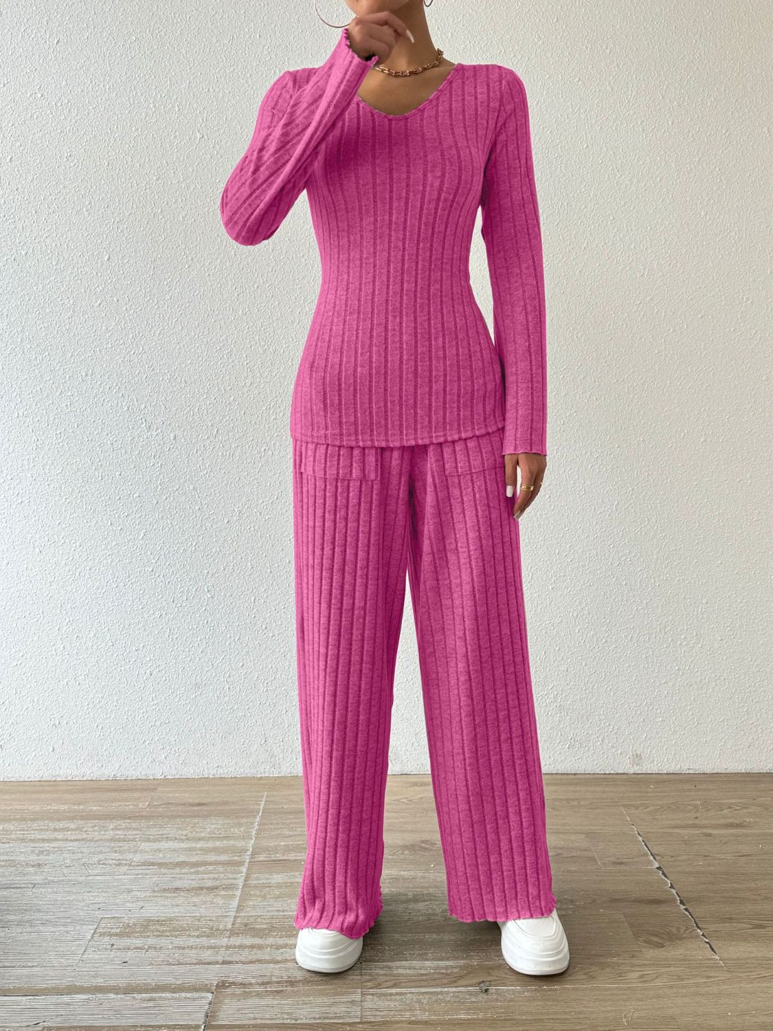Hazel Blues® | Ribbed V-Neck Long Sleeve Top and Pocketed Pants Set