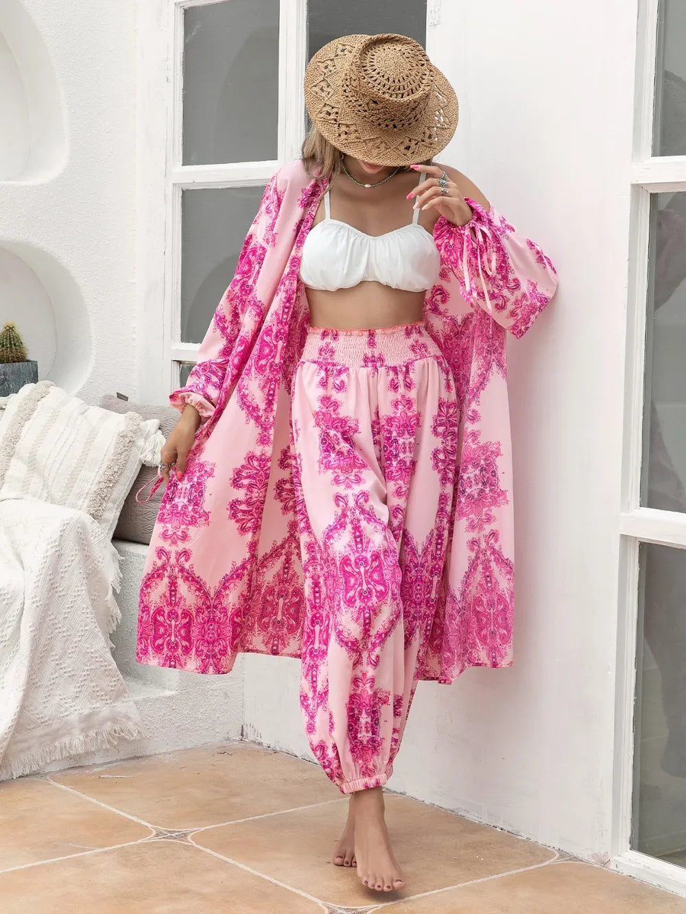 Hazel Blues® | Printed Open Front Top and Pants Set