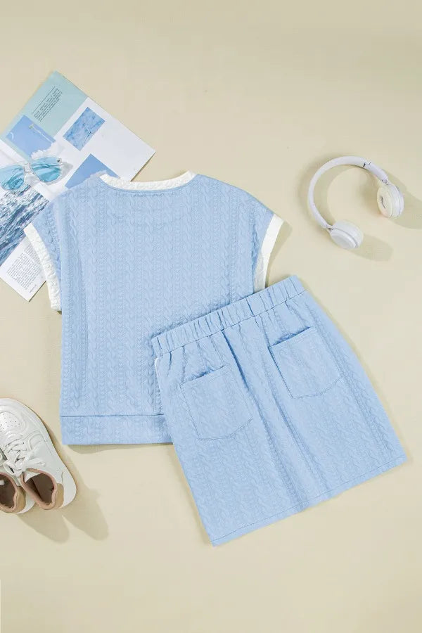 Hazel Blues® | Contrast Trim Textured Crewneck Tee and Pocketed Skirt Set