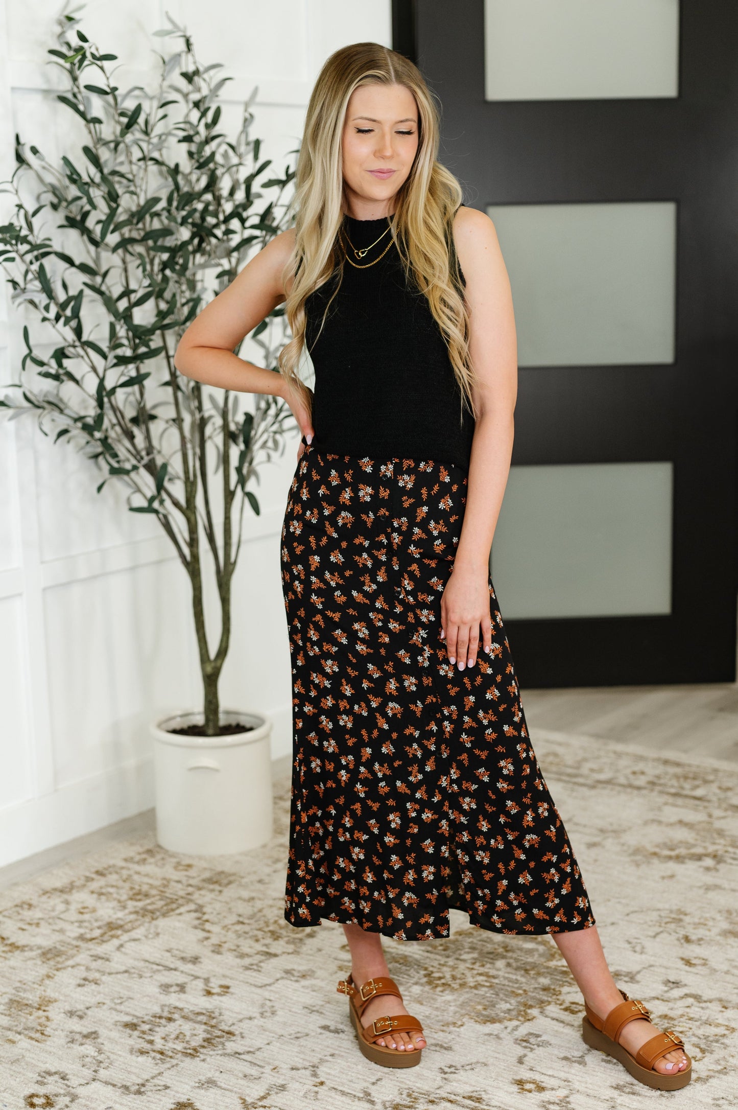 Hazel Blues® | Crisp Kiss Midi Skirt in Rust, White and Black