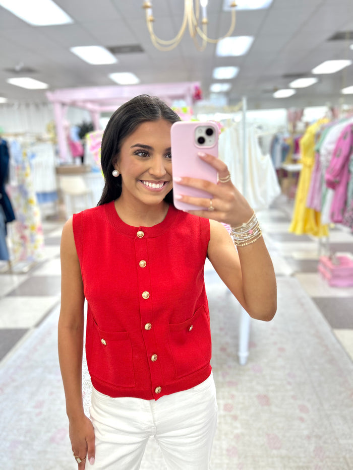 Nautical Knit Sweater with Gold Buttons (RED)