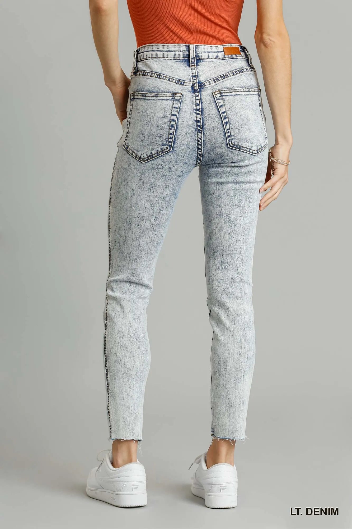 Hazel Blues® | Umgee 5-Pockets Distressed Detail Stretch Denim Skinny Jeans with Unfinished Hem