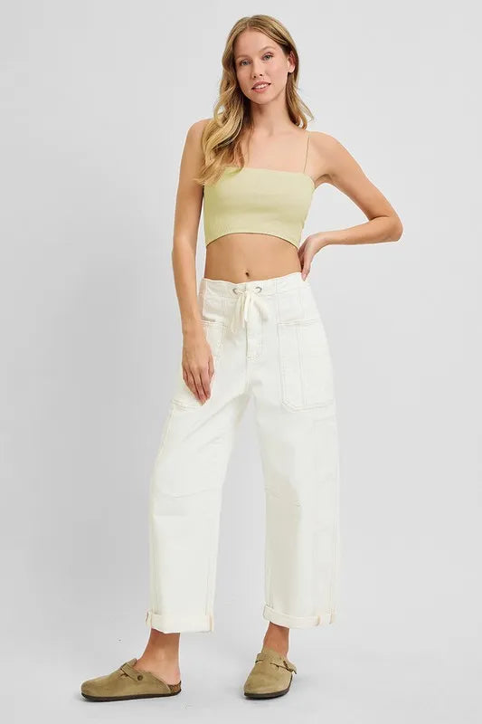 Hazel Blues® | RISEN High Rise Crop Wide Barrel Cargo Pocket Jeans
