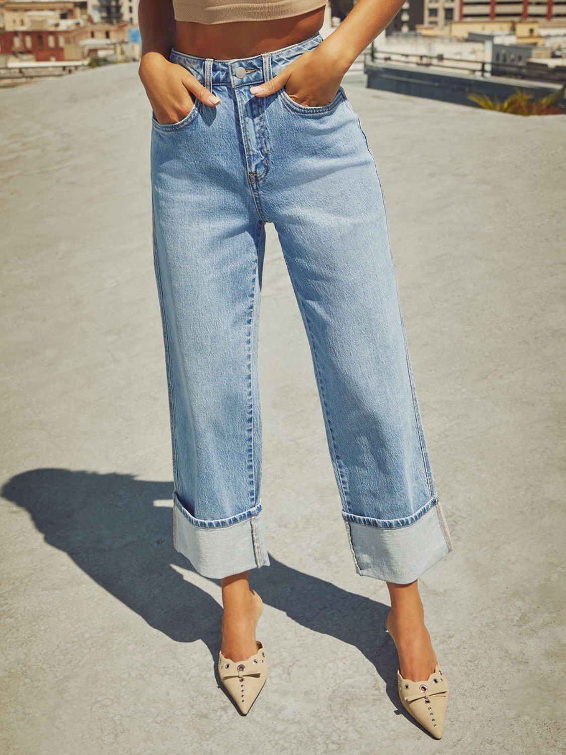Hazel Blues® | High Waisted Straight Leg Rolled Jeans