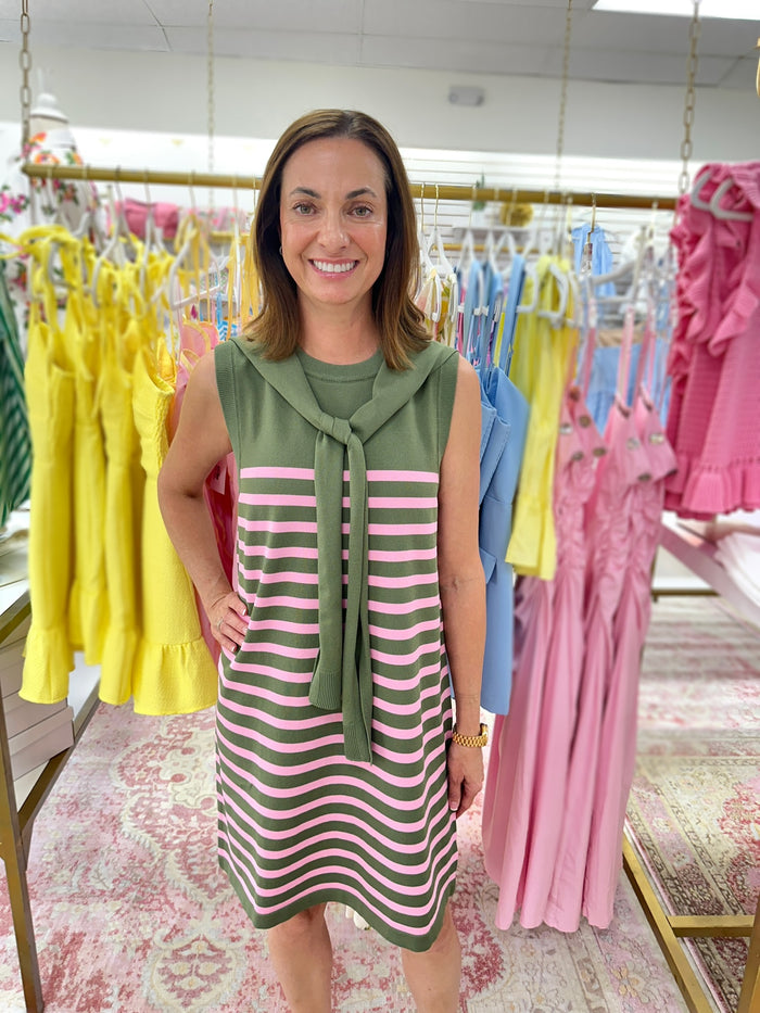 Dana Striped Faux Sweater Dress (Olive/Pink)