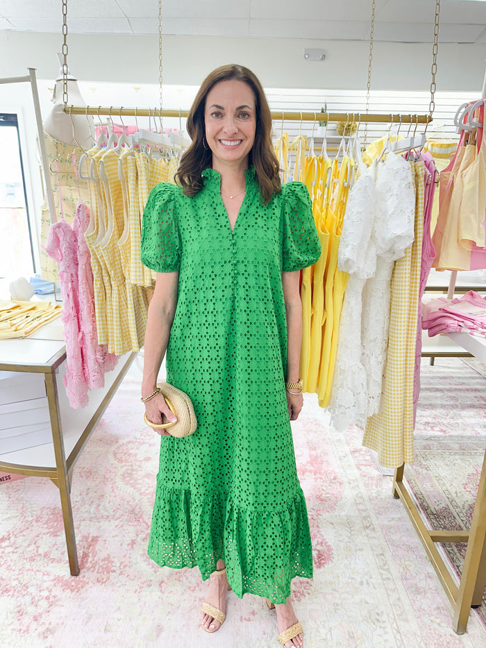 Eyelet Puff Sleeve Midi Dress (Green)