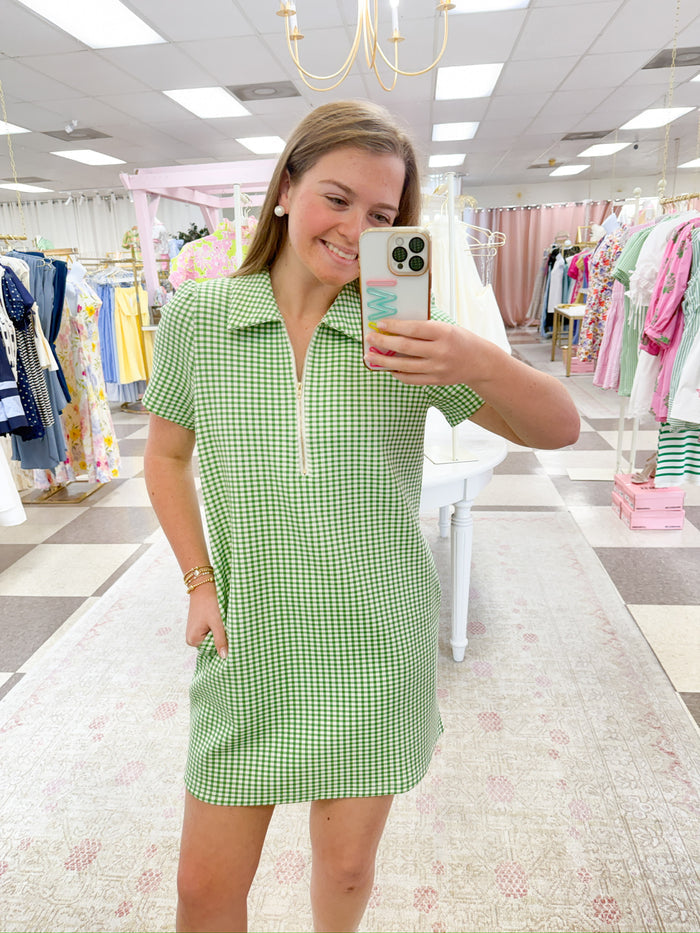 Green Gingham Zip Up Athletic Dress