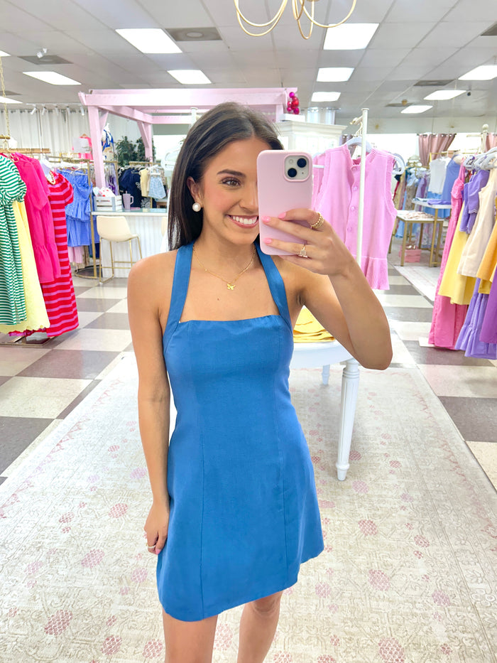 Harbor Breeze Halter Mini Dress (Blue)