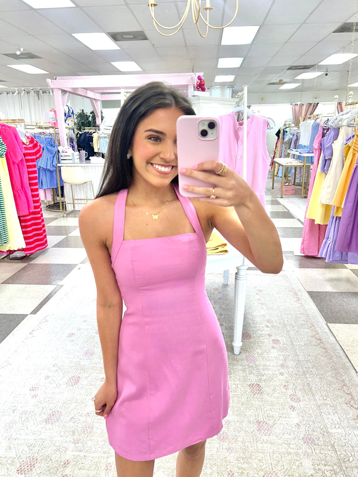 Harbor Breeze Halter Mini Dress (Pink)