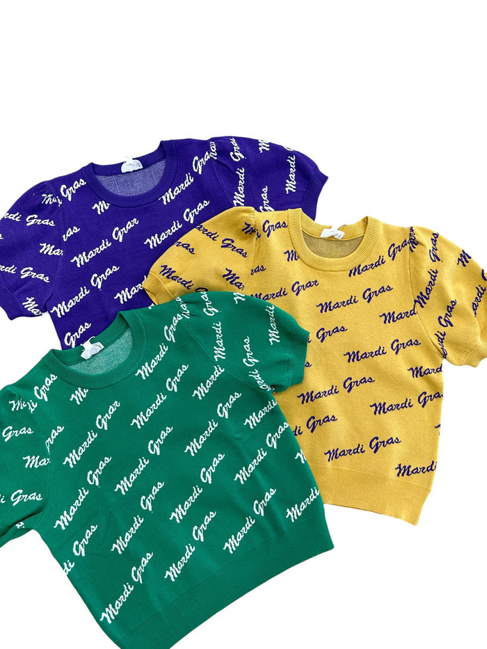 Mardi Gras Script Puff Sleeve Top (Gold)