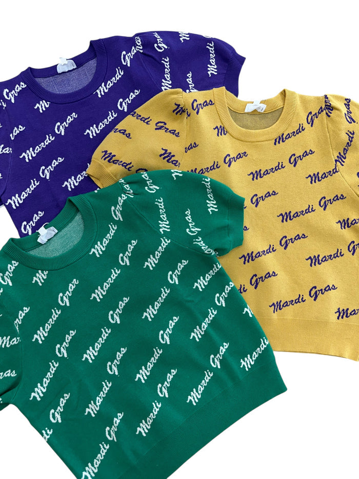 Mardi Gras Script Puff Sleeve Top (Purple)