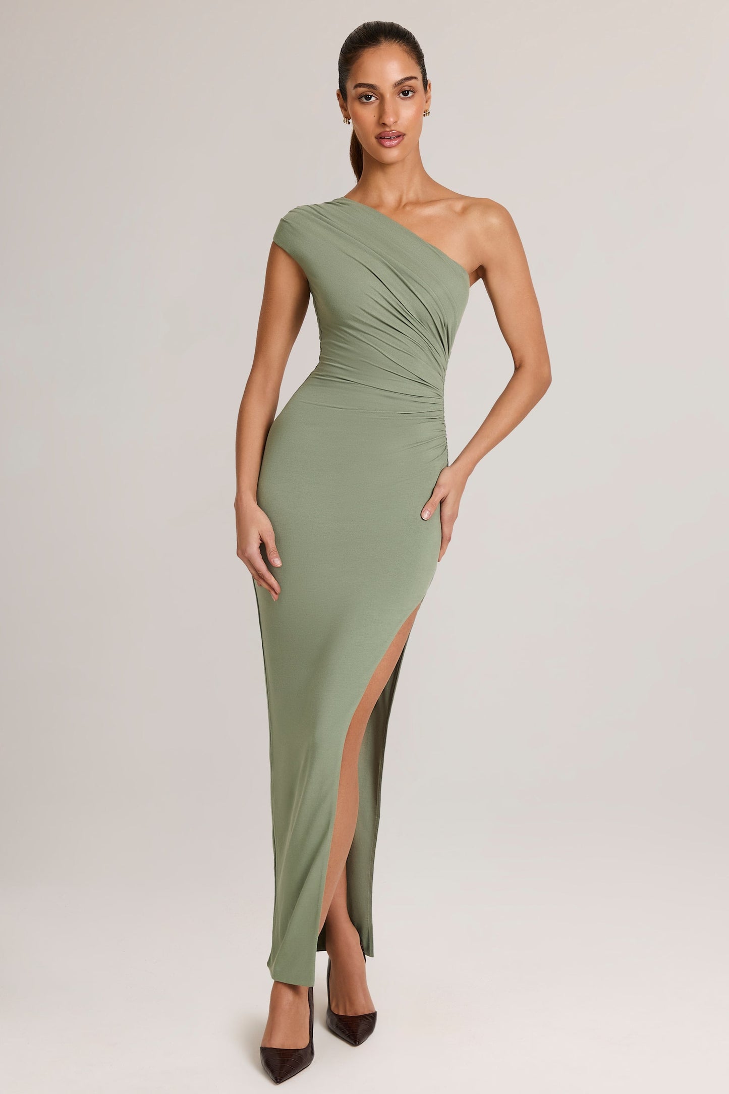 Modal Asymmetric Ruched Maxi Dress in Sage Green