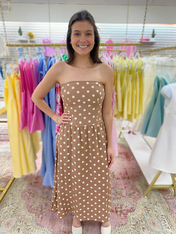 Mocha Dot Strapless Midi Dress