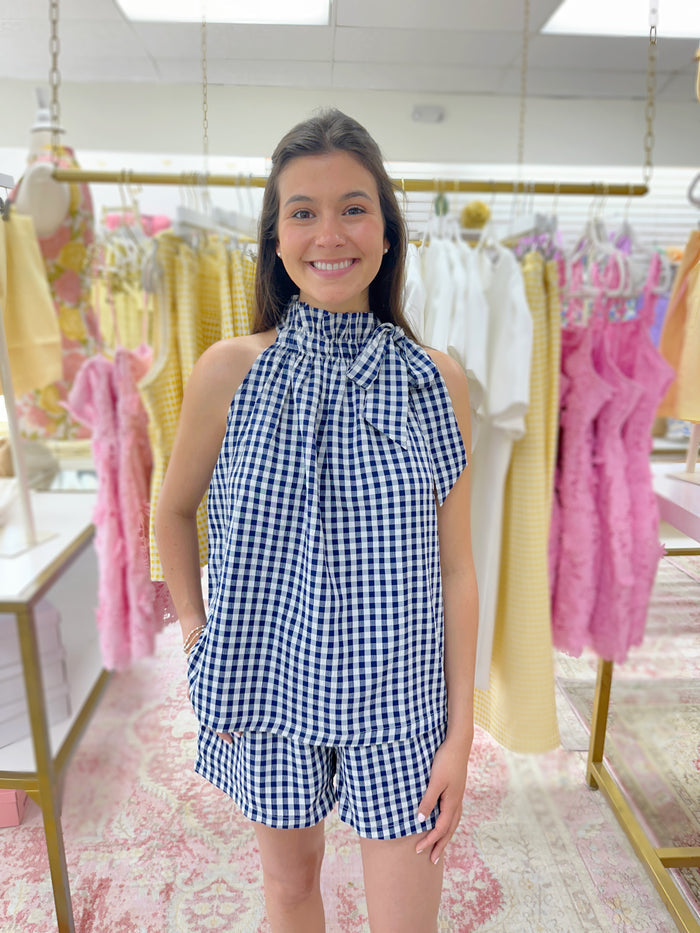 Navy Gingham Tie Neck Top