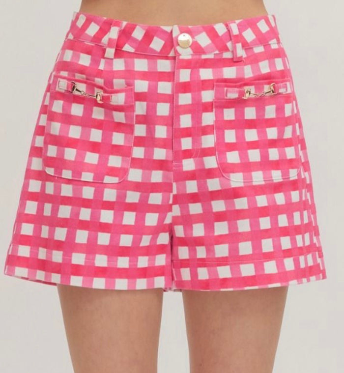 Pink Check Print Shorts