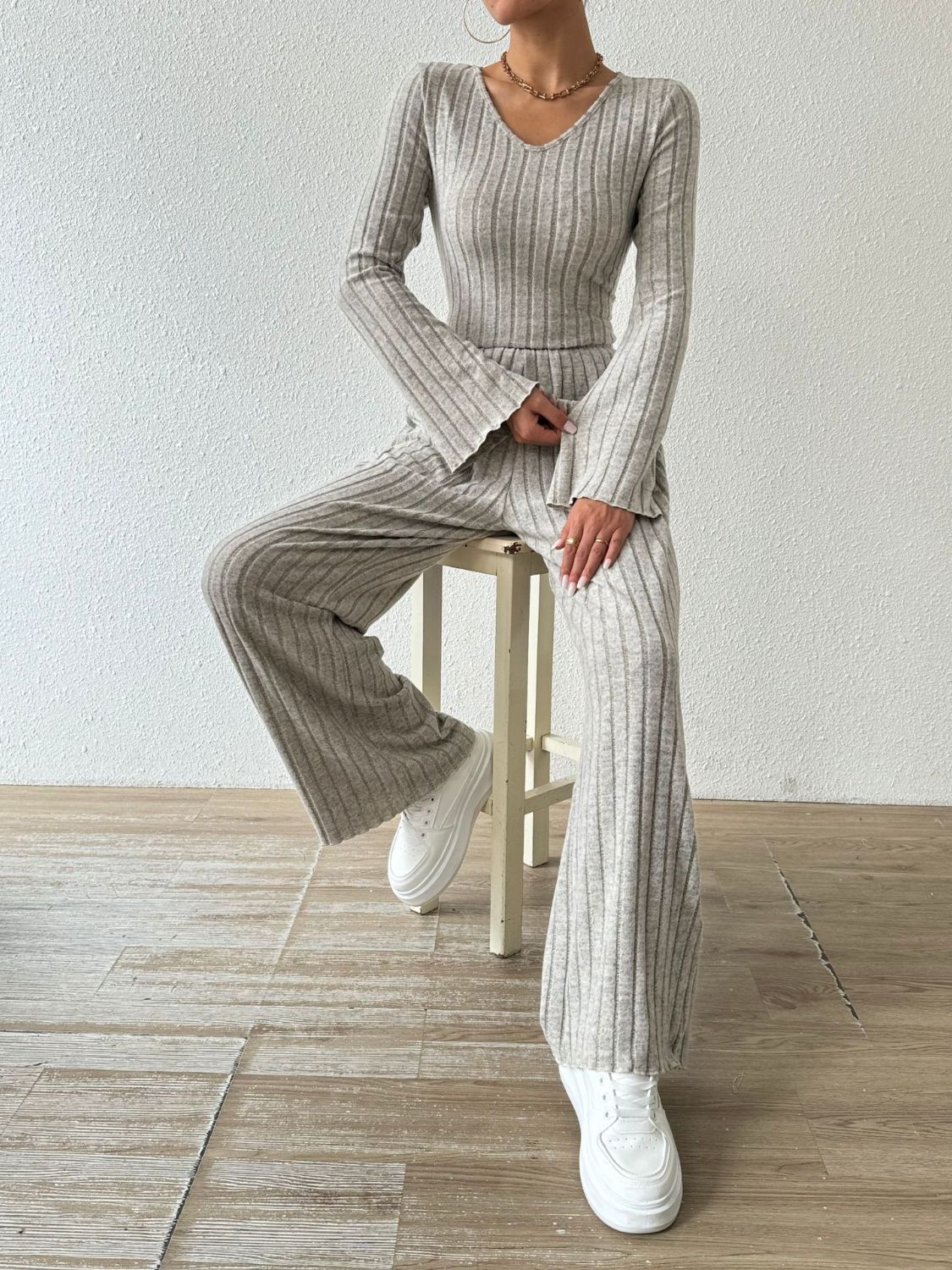 Hazel Blues® |  Ribbed V-Neck Long Sleeve Top and Pocketed Pants Set