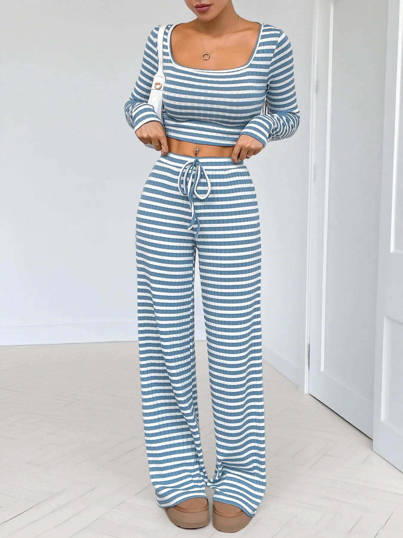 Hazel Blues® |  Striped Square Neck Long Sleeve Top and Pants Lounge Set