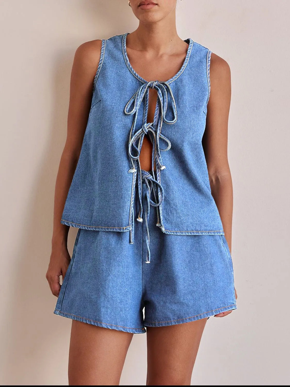 Hazel Blues® |  Tie Front Vest and Shorts Denim Set