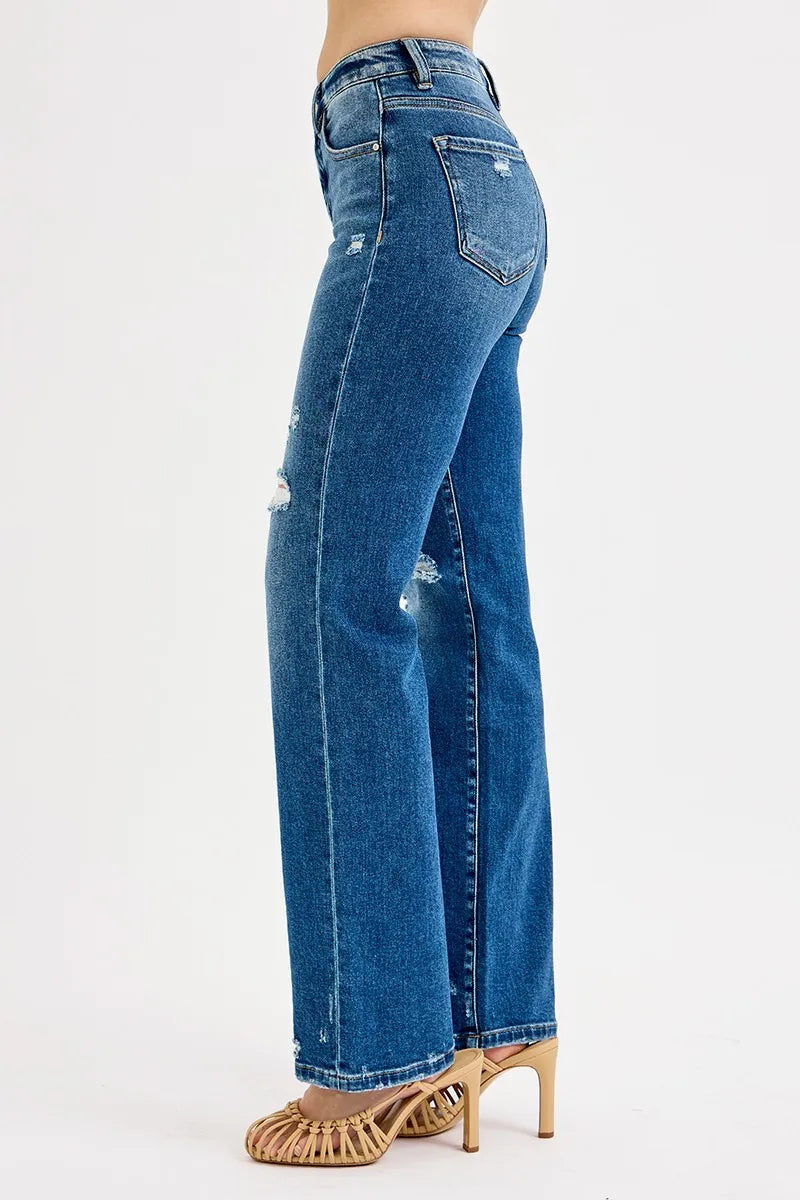 Hazel Blues® | RISEN Tummy Control High Rise Straight Distressed Jeans