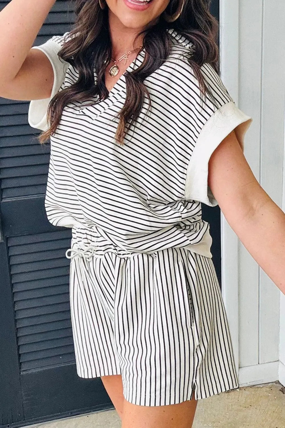 Hazel Blues® |  Stripe V Neck Tee and Casual Shorts Set