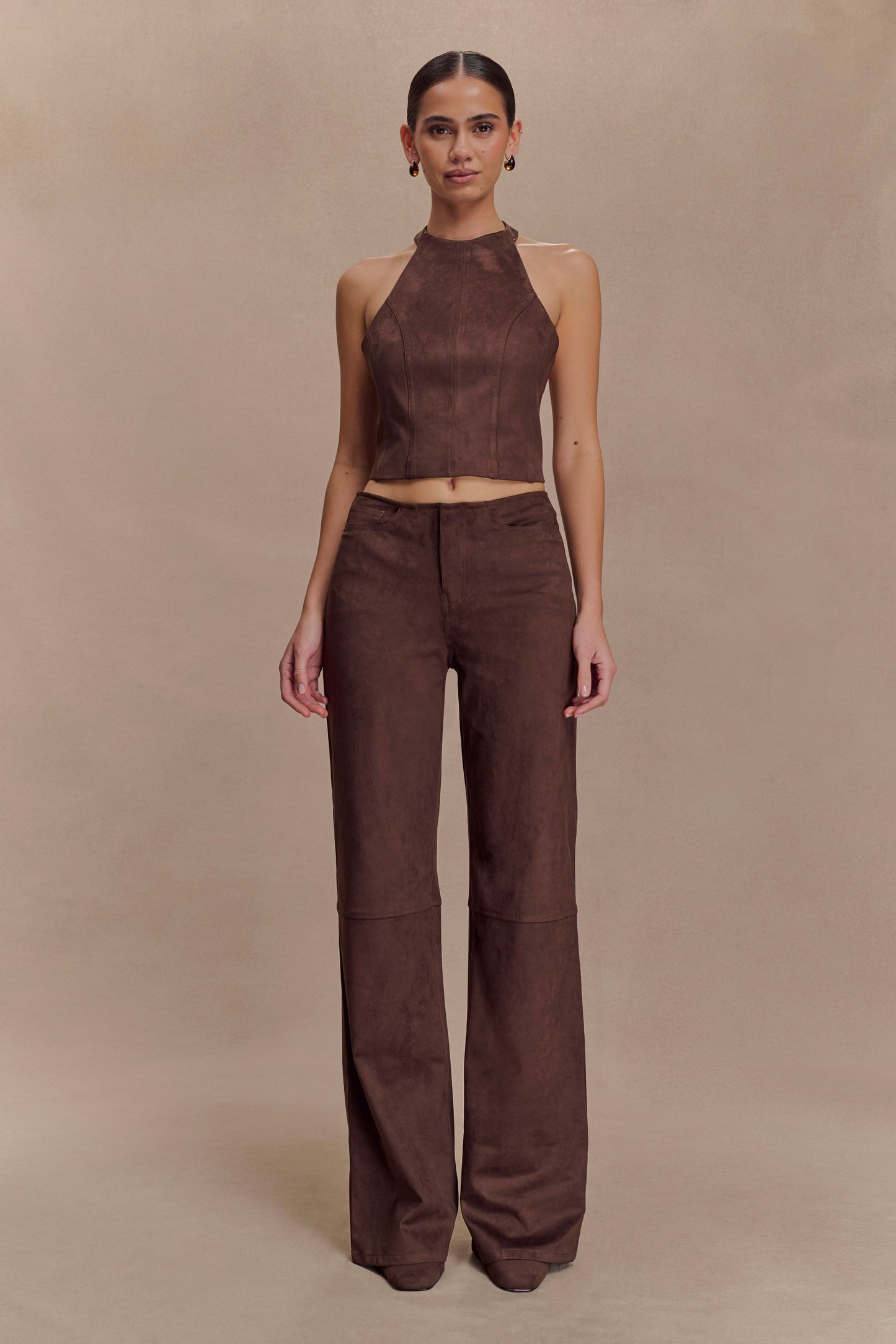 Logan Faux Suede Halter Top - Dark Chocolate
