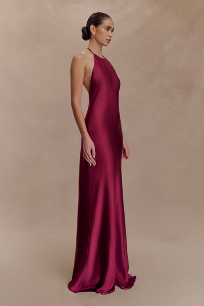 Bella Satin Halter Maxi Dress - Mahogany