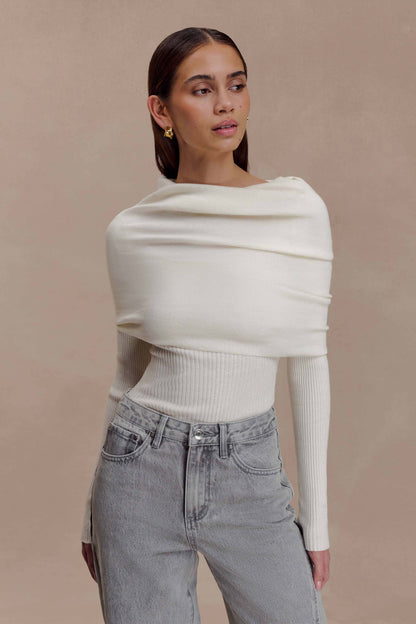 Mazie Asymetrical Cashmere Blend Long Sleeve Knit Top - Ivory