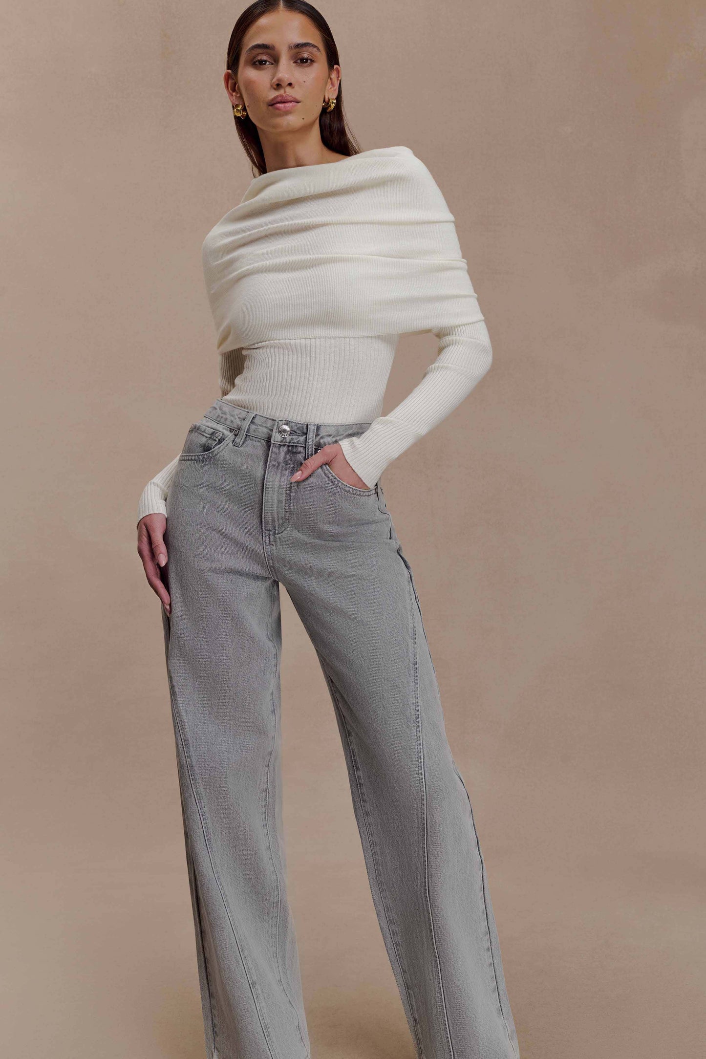 Mazie Asymetrical Cashmere Blend Long Sleeve Knit Top - Ivory