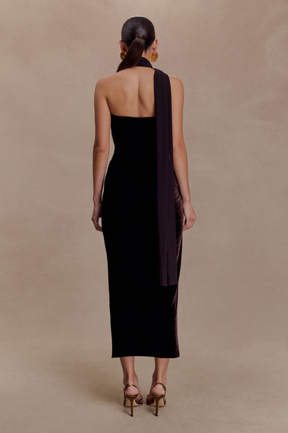 Mattea Velvet Midi Dress With Scarf - Chocolate