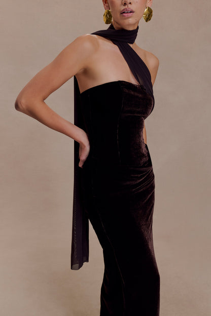 Mattea Velvet Midi Dress With Scarf - Chocolate