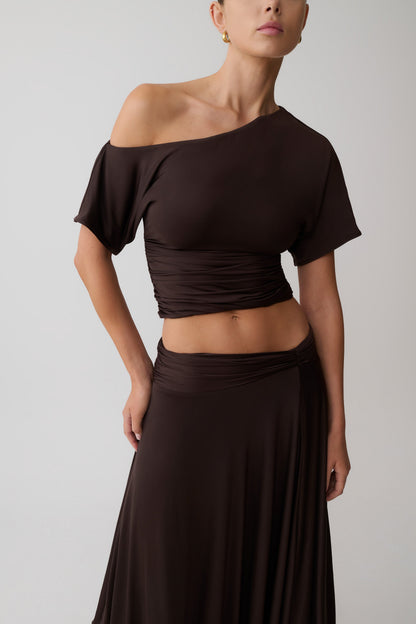 Luu Off Shoulder Slinky Top - Dark Chocolate