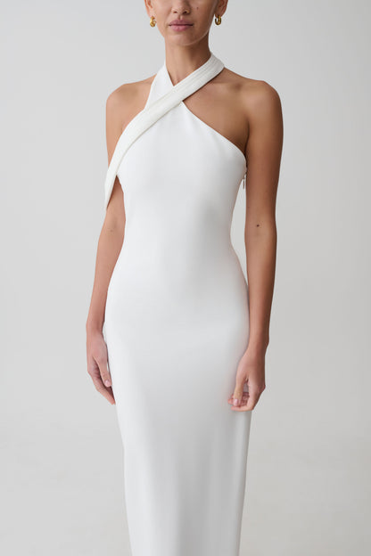 Sable Crossover Crepe Midi Dress - White