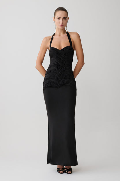 Hoai Gathered Slinky Halter Maxi Dress - Black