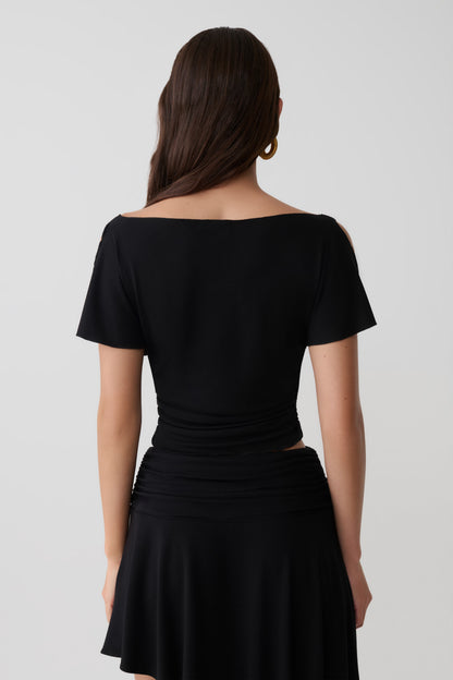 Talise Modal Flounce Short Sleeve Top - Black