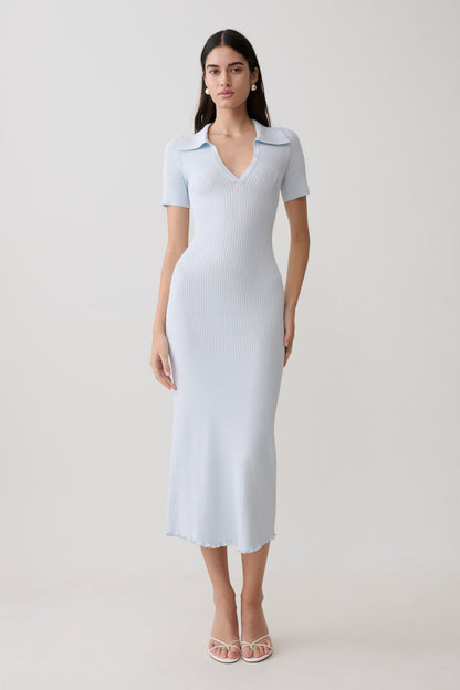 Nichelle Short Sleeve Collared Knit Midi Dress - Light Blue