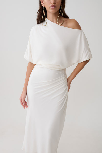 Alva Wool Lyocell Draped Midi Dress - White