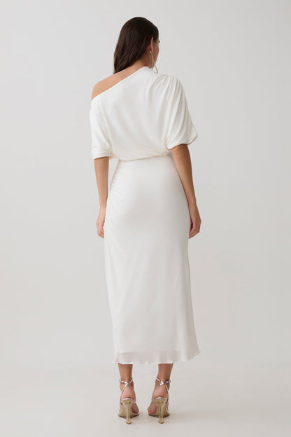 Alva Wool Lyocell Draped Midi Dress - White